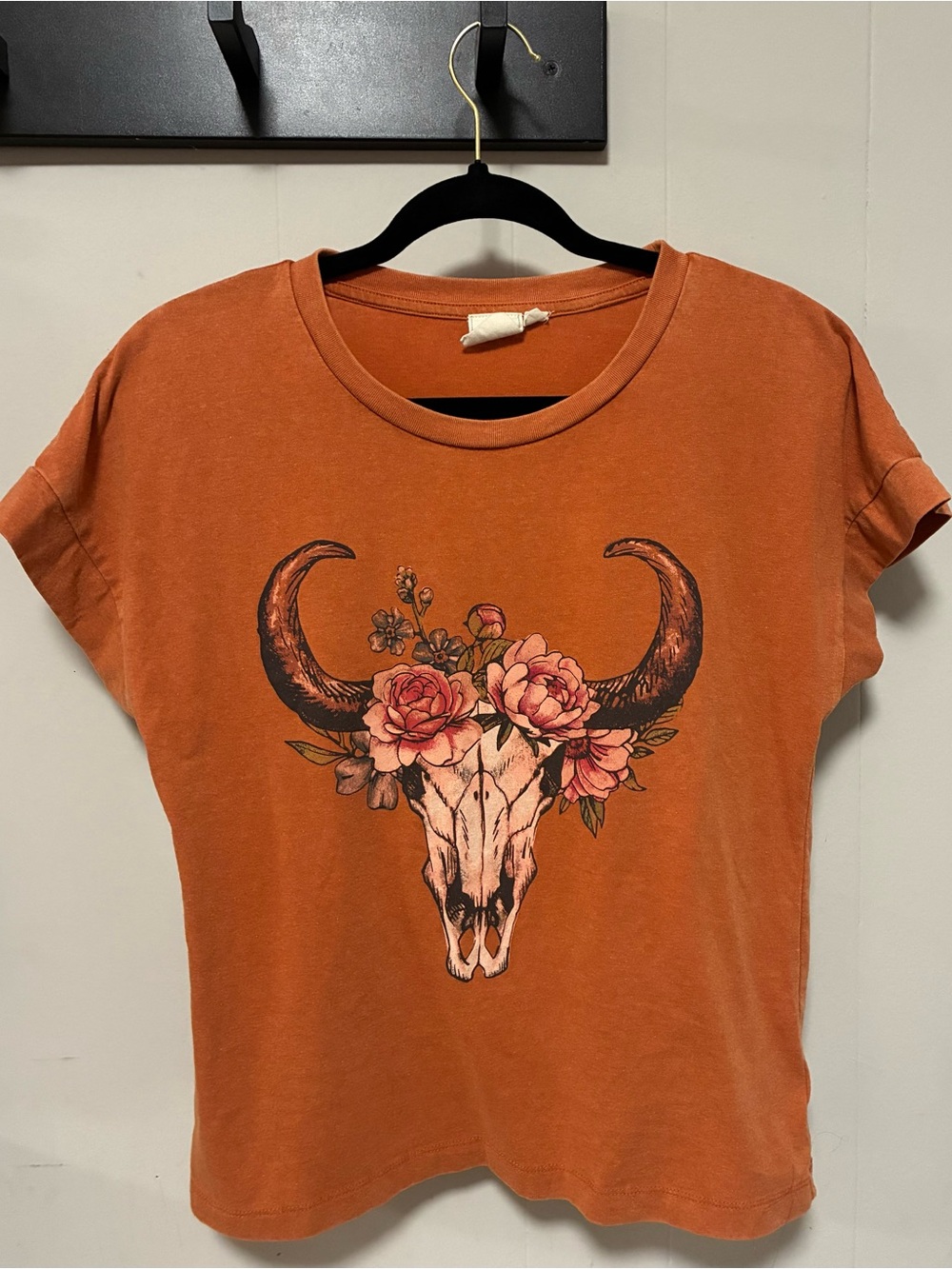 Floral Bull Skull Graphic Tee - Rust Orange